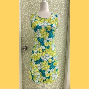 Vintage Ultimate Blues Size M Medium Yellow Teal Floral Flower Sleeveless Dress
